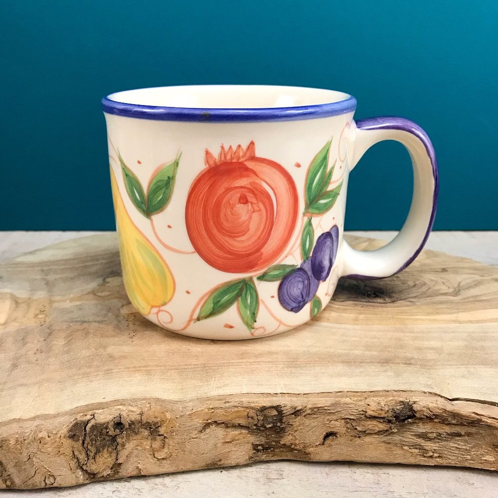 EDDIE BAUER Stubby Hand Painted Autumn Fruit Coffee Mug 12 Oz Heavy Ceramic